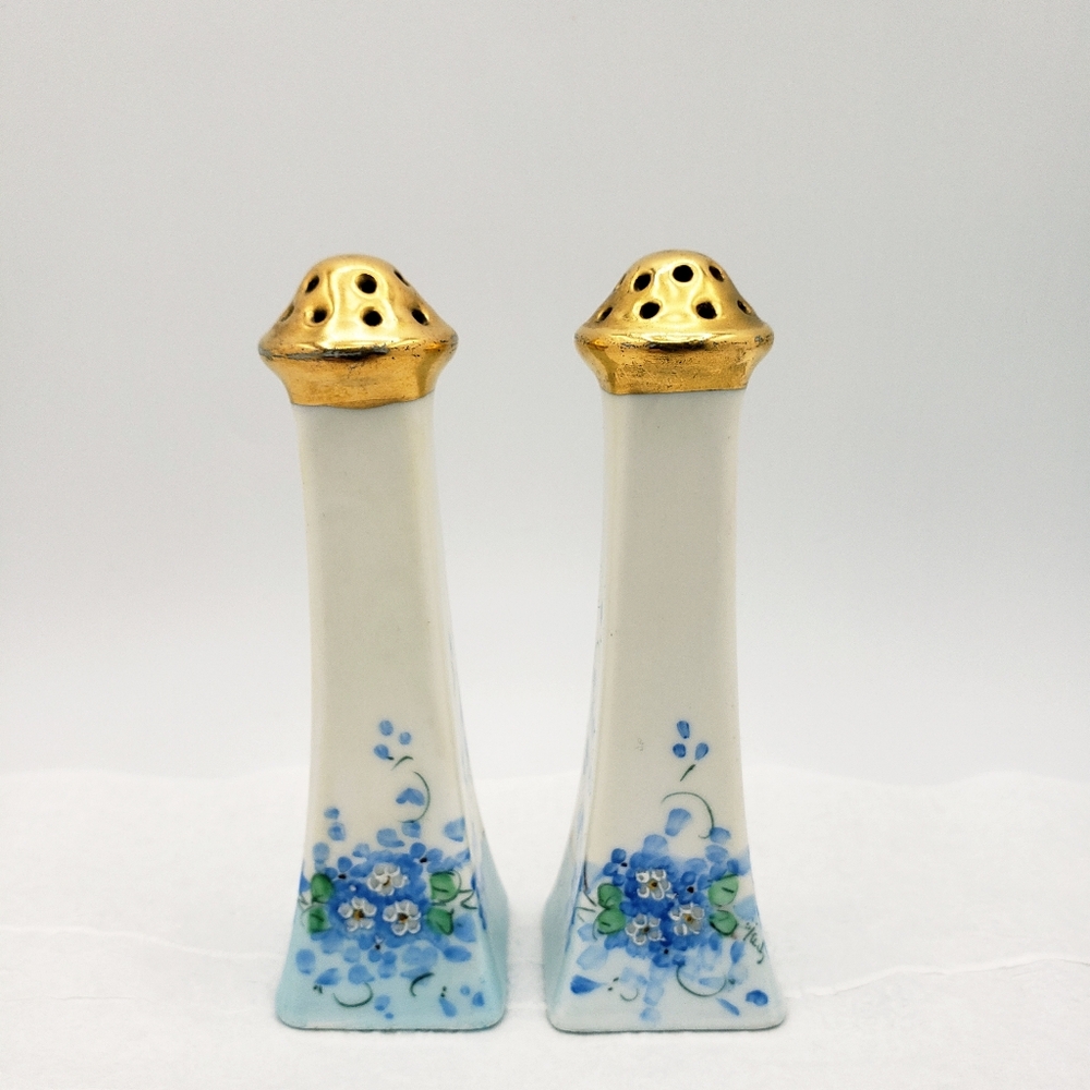 Vintage Bavarian Salt & Pepper Shakers Germany Blue & White Hand Painted Floral.
